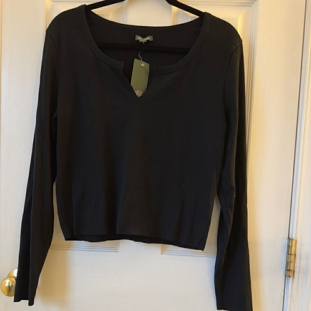 NWT Wild Fable Split‎ v Neck Thermal Long Sleeve  Black Crop Top Size XXL